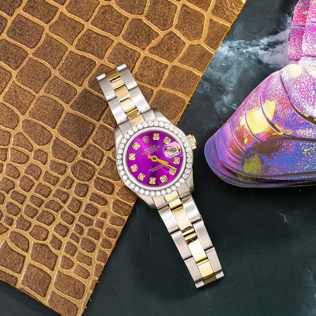 Pre-Owned Rolex Datejust 26MM 69173 Purple Diamond Dial Diamond Bezel Two Tone Yellow Gold Oyster Bracelet 0.9ct