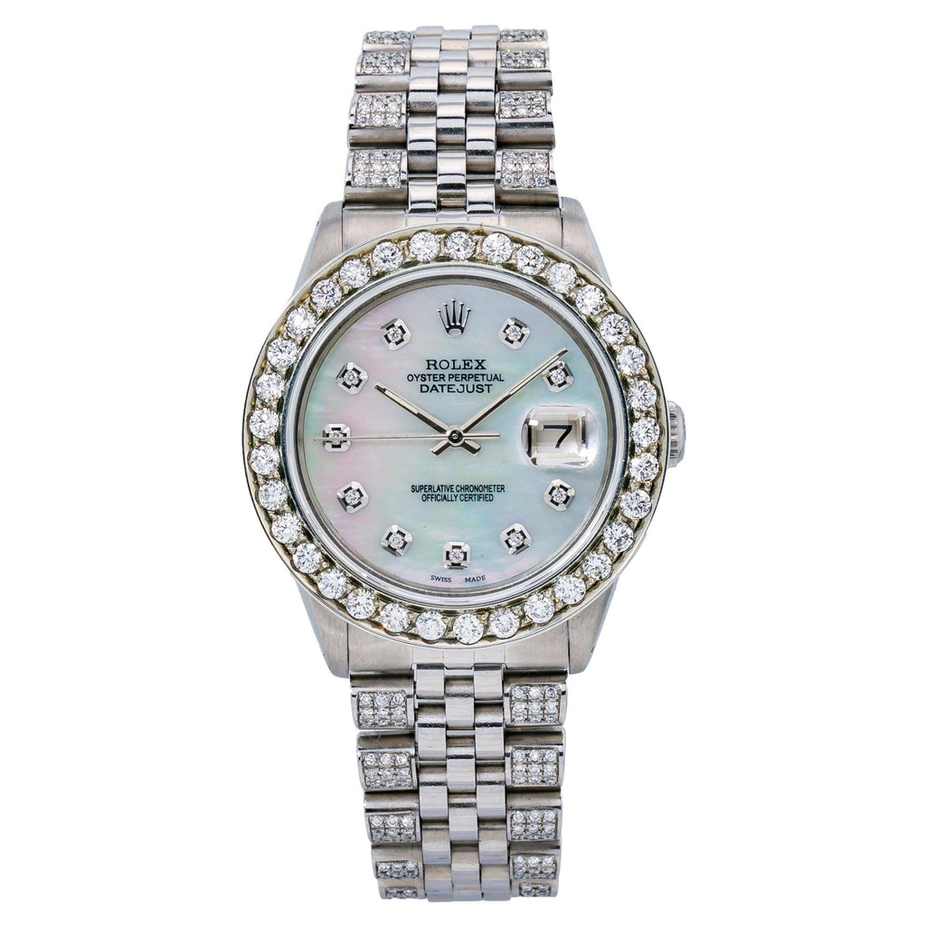 Pre-Owned Rolex Datejust 36MM 16234 White Mother of Pearl Diamond Dial Diamond Bezel Stainless Steel Semi Diamond Jubilee Bracelet