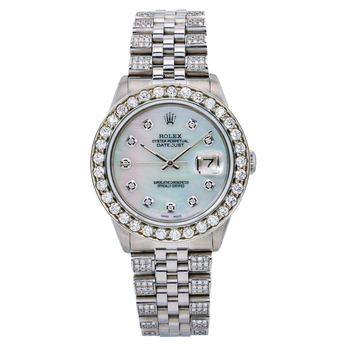 Pre-Owned Rolex Datejust 36MM 16234 White Mother of Pearl Diamond Dial Diamond Bezel Stainless Steel Semi Diamond Jubilee Bracelet