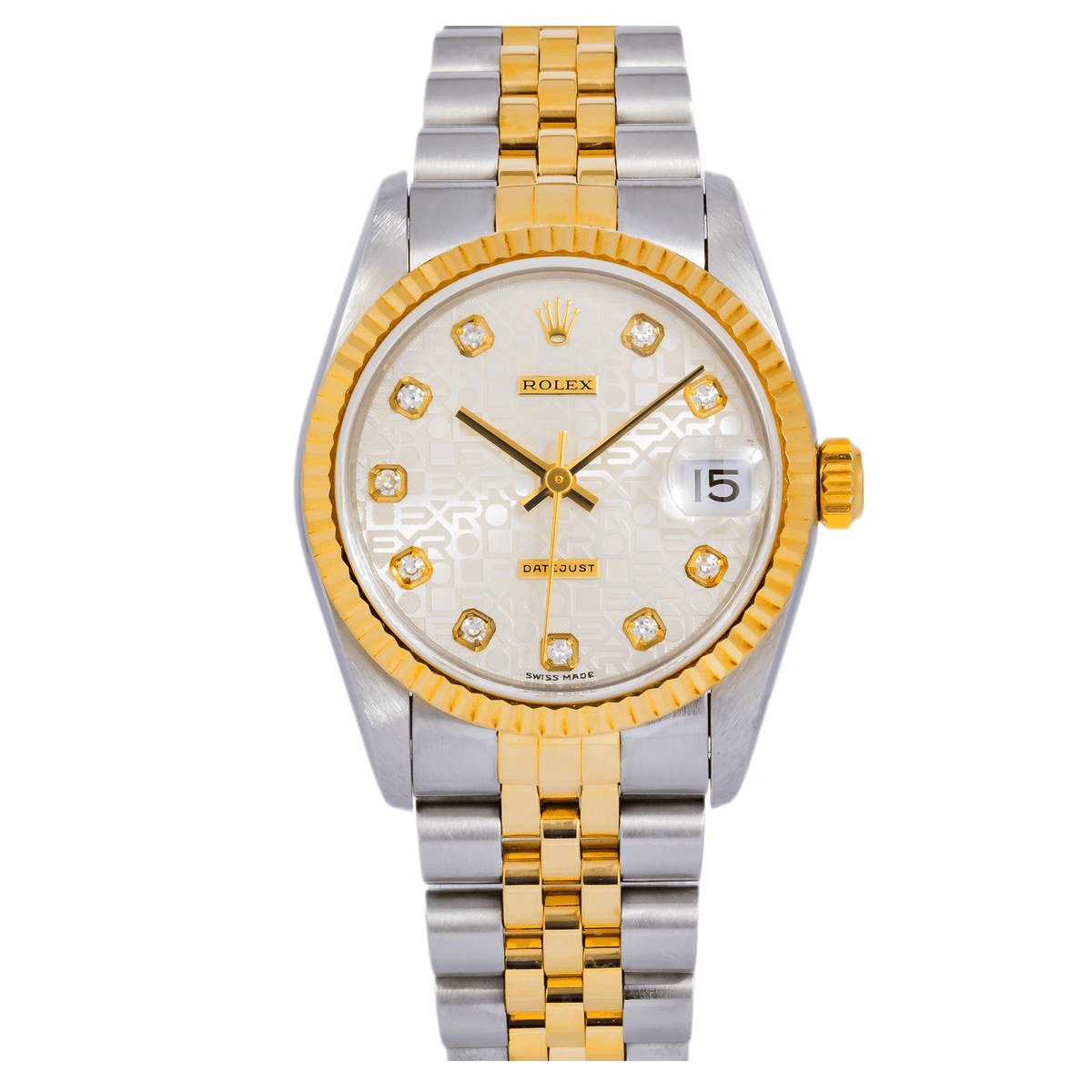 Pre-Owned Rolex Datejust 31MM 6824 Silver Pattern Diamond Dial Fluted Bezel Two Tone Yellow Gold Jubilee Bracelet