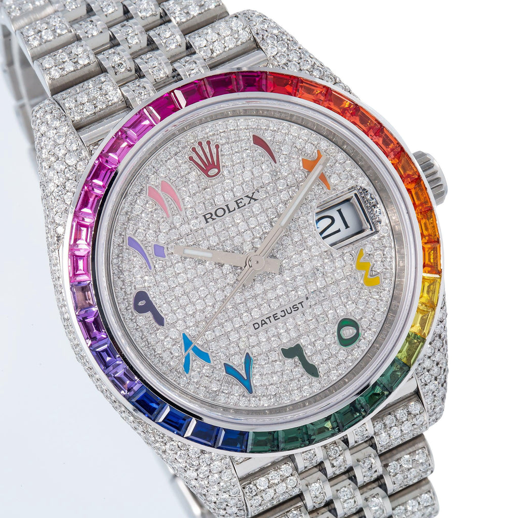 Pre-Owned Rolex Datejust 41MM 126300 Diamond Paved Rainbow Eastern Arabic Dial Rainbow Gemstone Bezel Stainless Steel Full Diamond Jubilee Bracelet 14.75ct