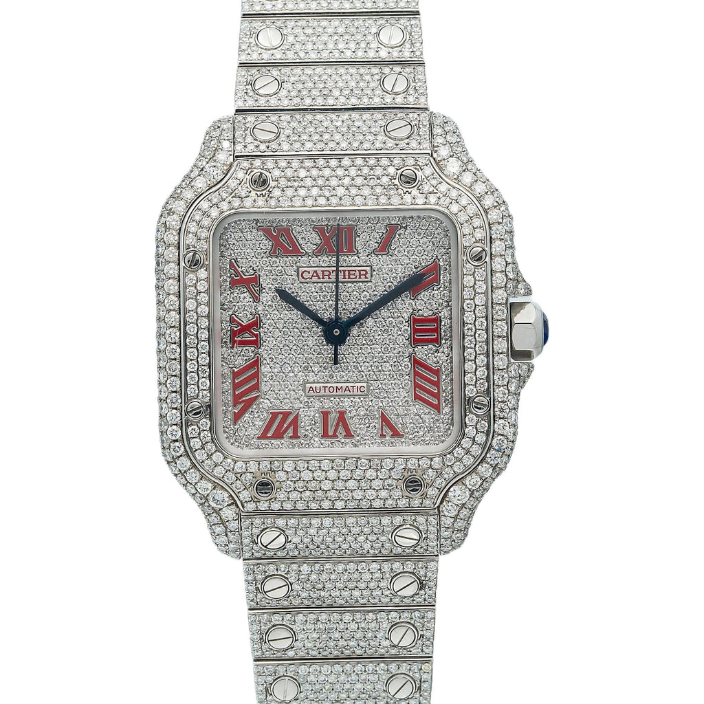 Pre-Owned Cartier Santos 35.1MM WSSA0029 Diamond Paved Roman Dial Diamond Paved Bezel Stainless Steel Full Diamond Bracelet 11.65ct