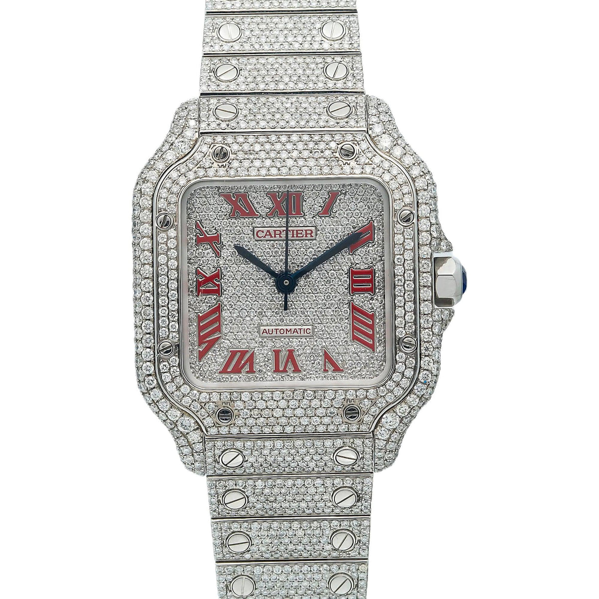 Pre-Owned Cartier Santos 35.1MM WSSA0029 Diamond Paved Roman Dial Diamond Paved Bezel Stainless Steel Full Diamond Bracelet 11.65ct