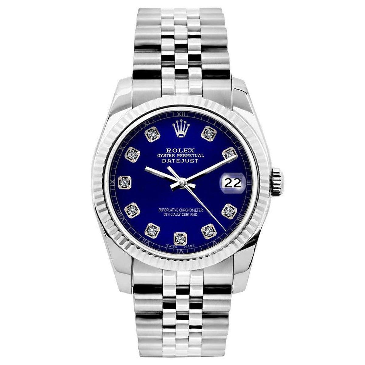Pre-Owned Rolex Datejust 26MM 6916 Blue Diamond Dial Fluted Bezel Stainless Steel Jubilee Bracelet