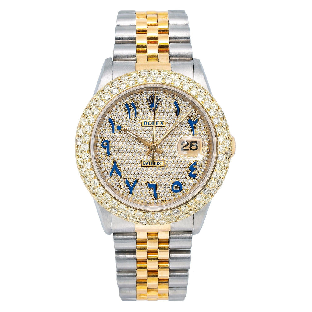 Pre-Owned Rolex Datejust 36MM 16233 Diamond Paved Blue Eastern Arabic Dial Diamond Bezel Two Tone Yellow Gold Jubilee Bracelet 4.75ct