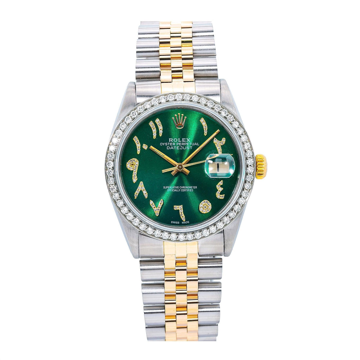 Pre-Owned Rolex Datejust 36MM 16013 Green Roman Diamond Dial Diamond Bezel Two Tone Yellow Gold Jubilee Bracelet 1.25ct