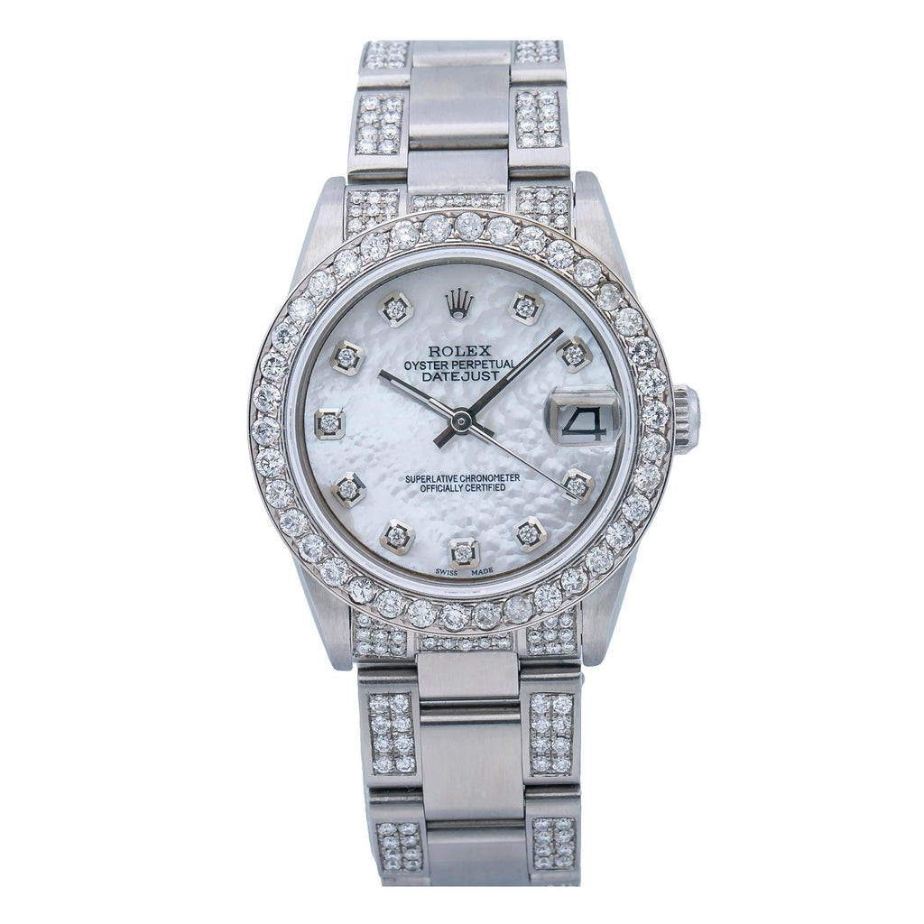 Pre-Owned Rolex Datejust 31MM 78240 White Mother of Pearl Diamond Dial Diamond Bezel Stainless Steel Semi Diamond Oyster Bracelet 4.75ct