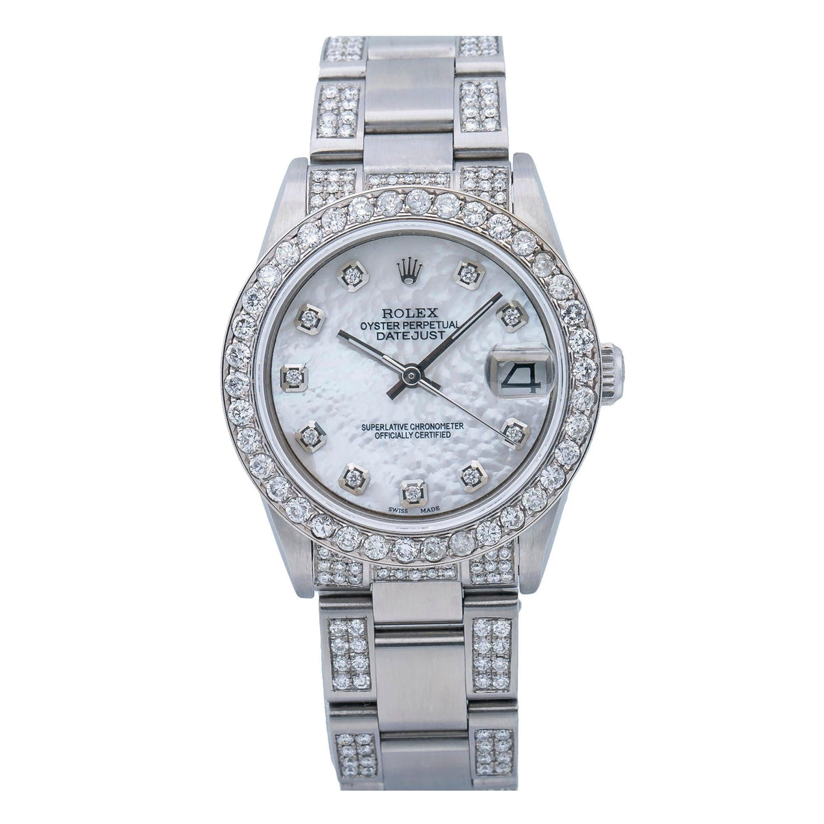 Pre-Owned Rolex Datejust 31MM 78240 White Mother of Pearl Diamond Dial Diamond Bezel Stainless Steel Semi Diamond Oyster Bracelet 4.75ct