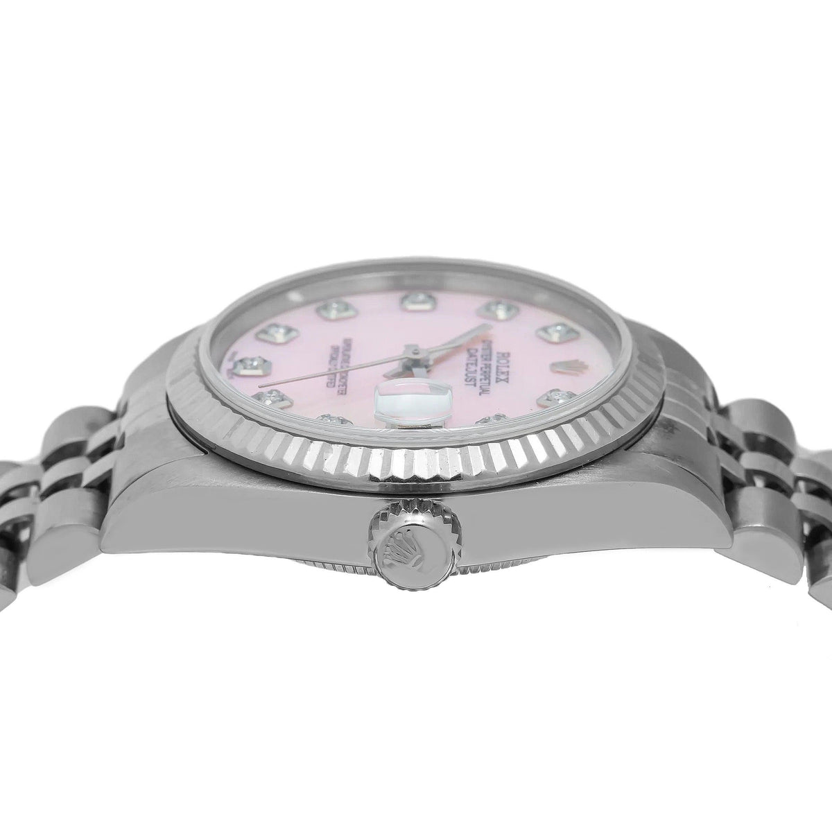 Pre-Owned Rolex Datejust 31MM 68274 Pink Mother of Pearl Diamond Dial Fluted Bezel Stainless Steel Jubilee Bracelet