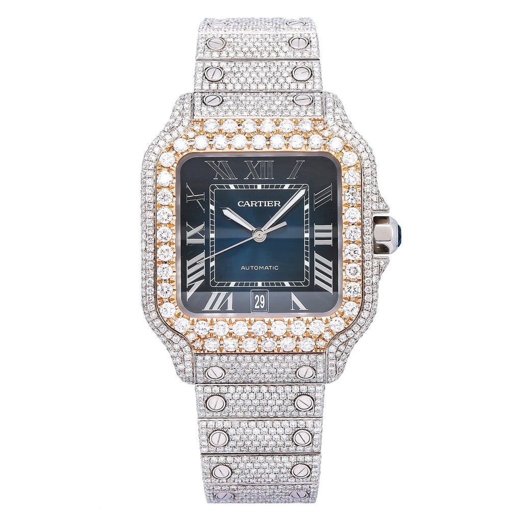 Pre-Owned Cartier Santos 39.8MM WSSA0030 Blue Roman Dial Rose Gold Diamond Bezel Stainless Steel Full Diamond Bracelet 17.95ct