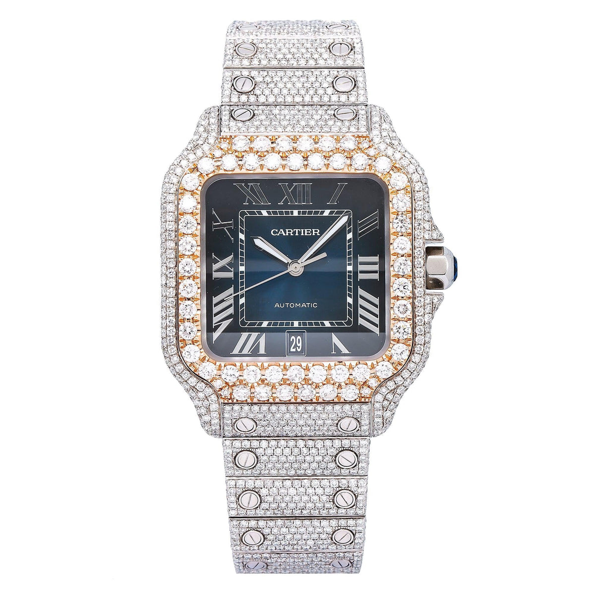 Pre-Owned Cartier Santos 39.8MM WSSA0030 Blue Roman Dial Rose Gold Diamond Bezel Stainless Steel Full Diamond Bracelet 17.95ct