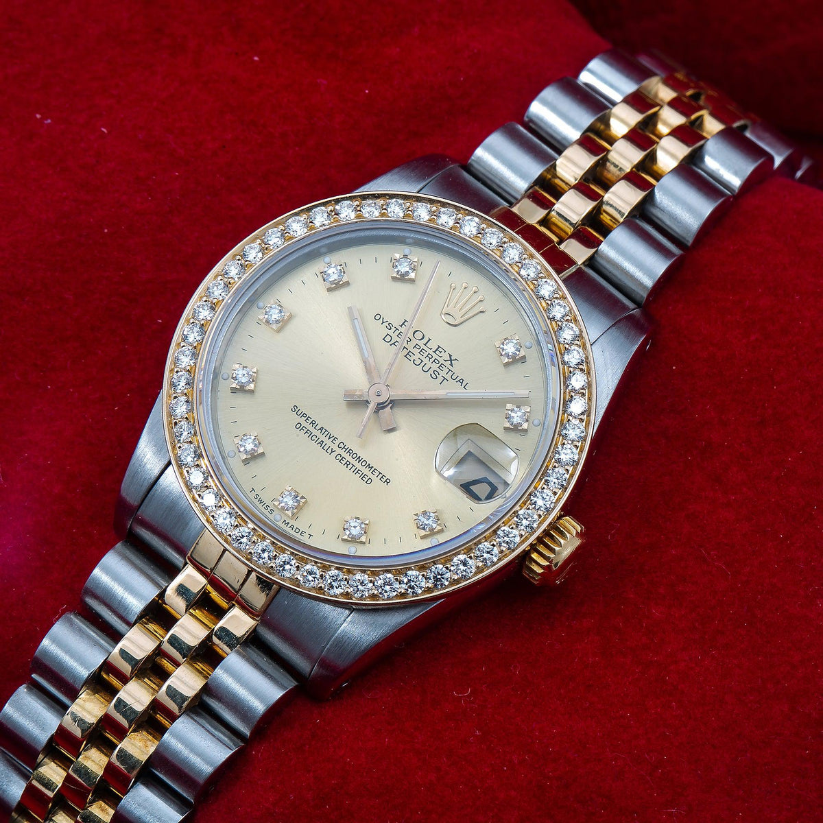 Pre-Owned Rolex Datejust 31MM 68273 Champagne Diamond Dial Diamond Bezel Two Tone Yellow Gold Jubilee Bracelet 1.05ct