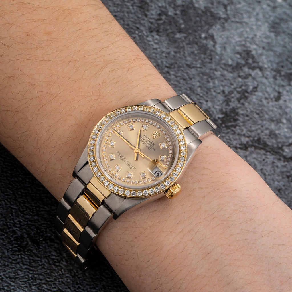 Pre-Owned Rolex Datejust 31MM 68273 Champagne Diamond Dial Diamond Bezel Two Tone Yellow Gold Oyster Bracelet