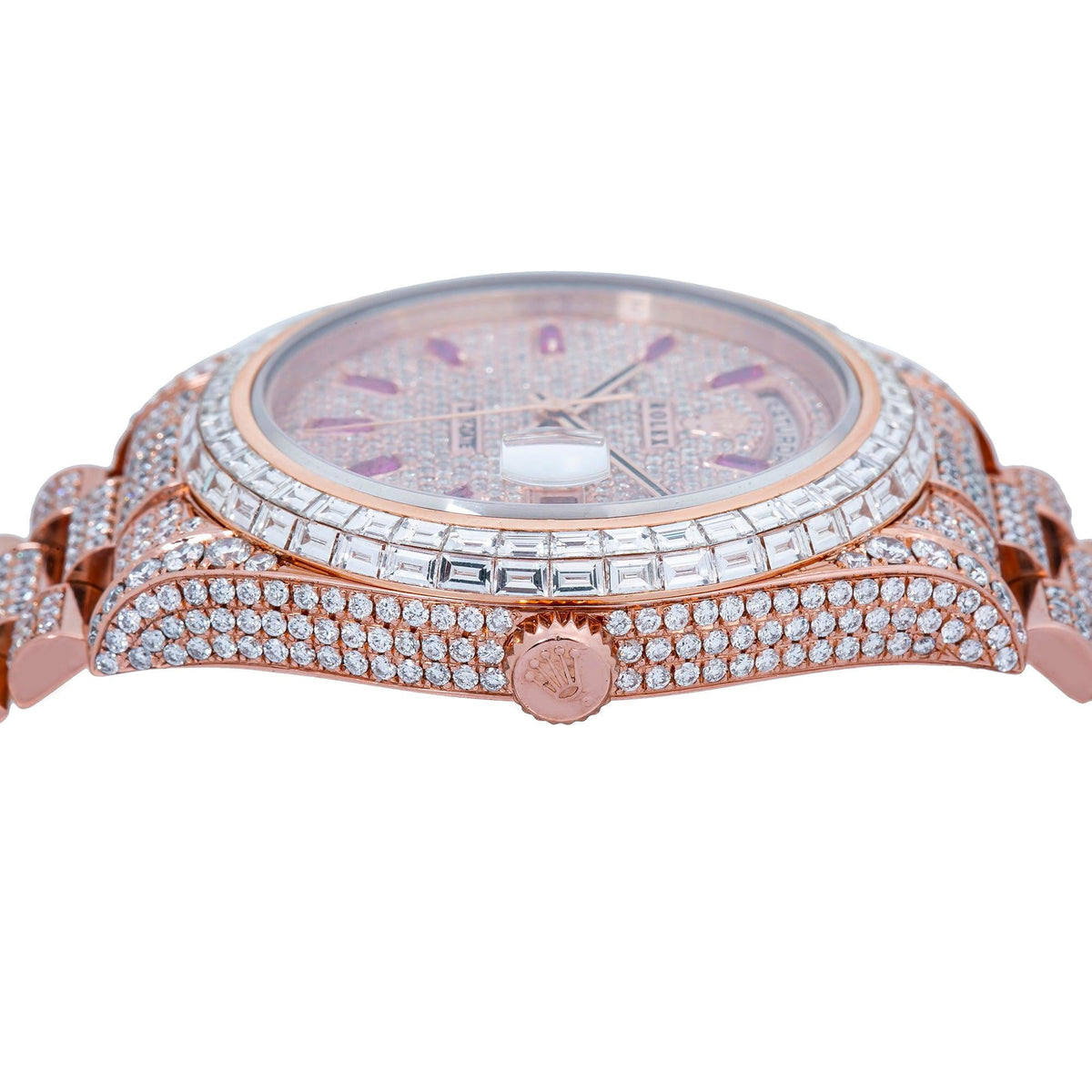 Pre-Owned Rolex Day-Date II 41MM 218235 Diamond Paved Pink Dial Diamond Bezel 18K Rose Gold Full Diamond President Bracelet 26.25ct