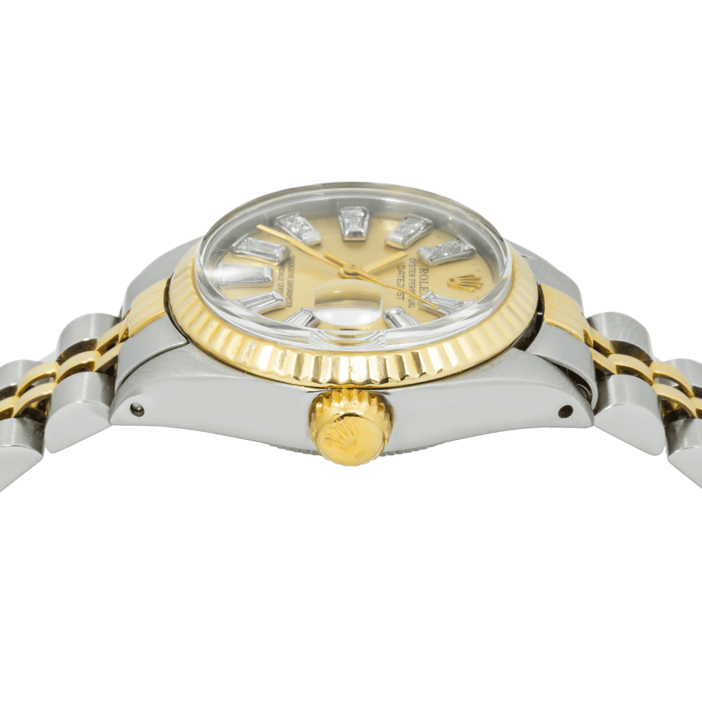 Pre-Owned Rolex Datejust 26MM 69173 Champagne Baguette Diamond Dial Fluted Bezel Two Tone Yellow Gold Jubilee Bracelet 0.5ct