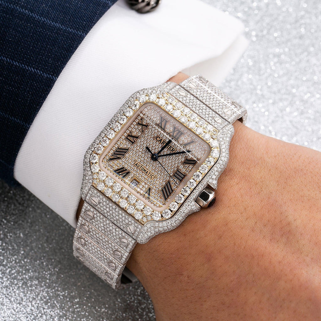 Pre-Owned Cartier Santos 39.8MM WSSA0018 Diamond Paved Champagne Roman Dial Yellow Gold Diamond Bezel Stainless Steel Full Diamond Bracelet 19.25ct