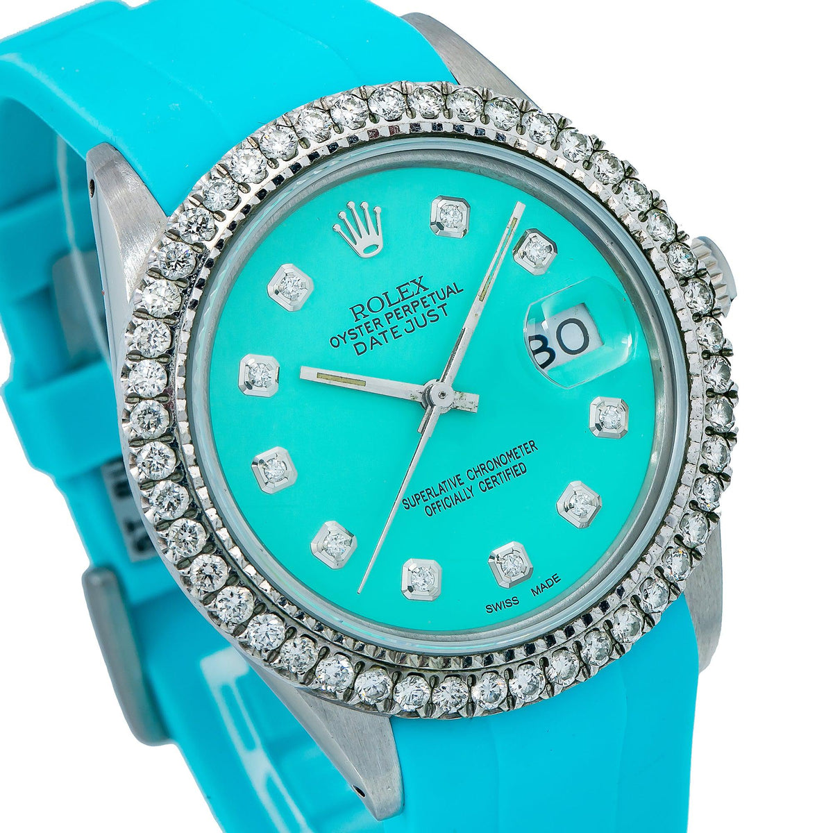 Pre-Owned Rolex Datejust 36MM 16014 Turquoise Diamond Dial Diamond Bezel Blue Rubber Strap