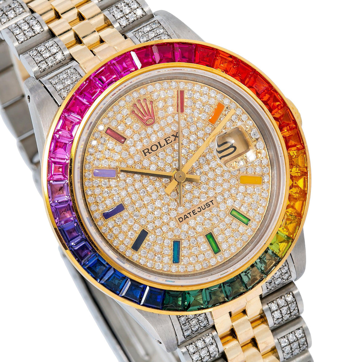 Pre-Owned Rolex Datejust 36MM 16013 Diamond Paved Rainbow Hour Dial Rainbow Gemstone Bezel Two Tone Yellow Gold Semi Diamond Jubilee Bracelet 5.25ct