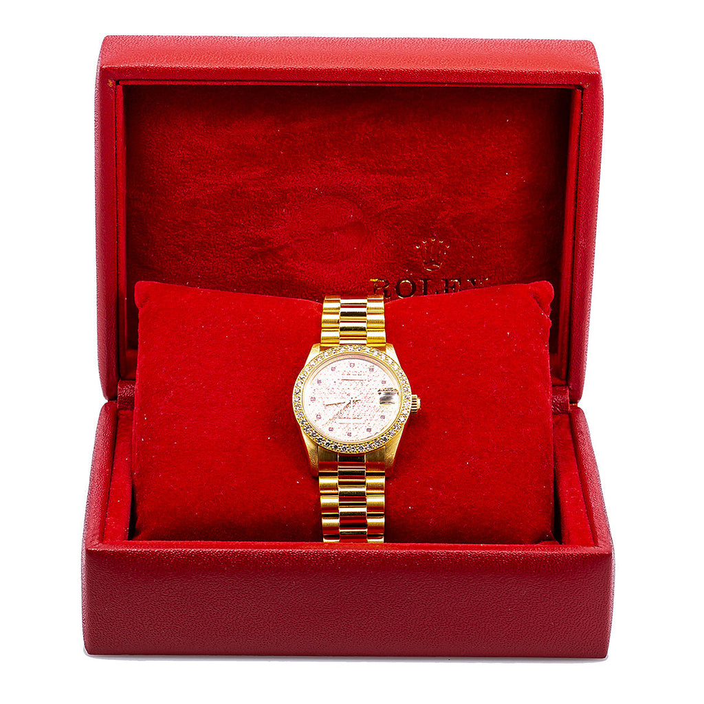 Pre-Owned Rolex Datejust 68278 31mm Champagne Diamond Dial 18k Yellow Gold President Bracelet Watch