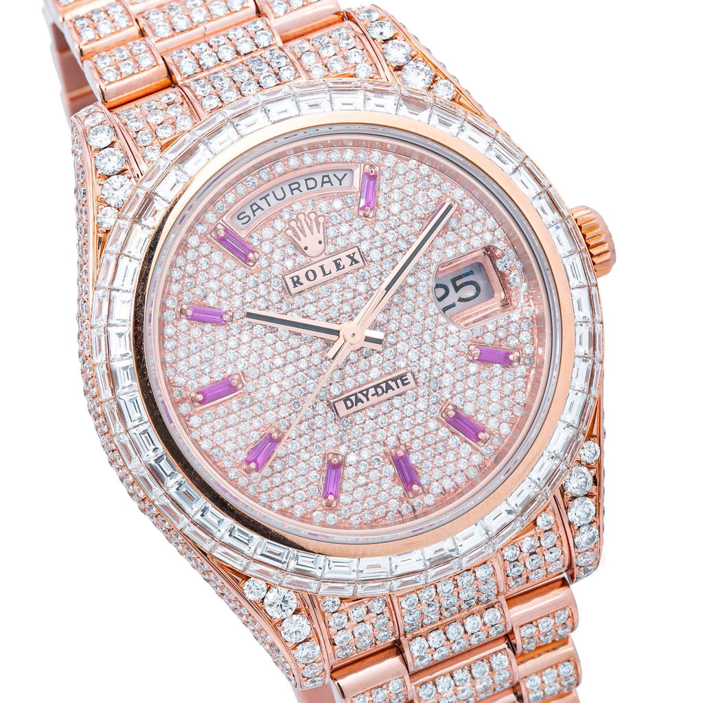 Pre-Owned Rolex Day-Date II 41MM 218235 Diamond Paved Pink Dial Diamond Bezel 18K Rose Gold Full Diamond President Bracelet 26.25ct