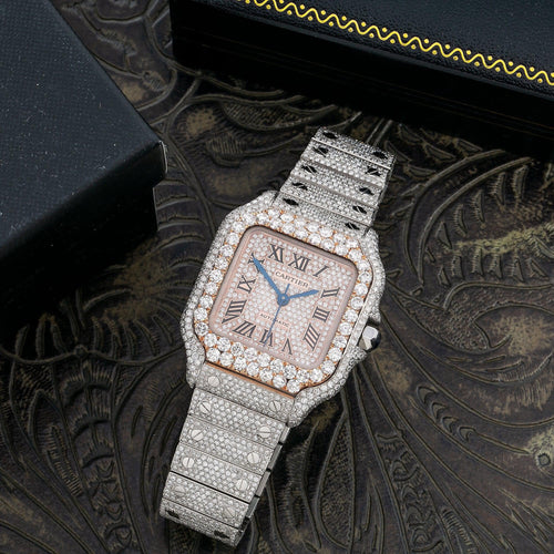 Pre-Owned Cartier Santos 35.1MM WSSA0029 Diamond Paved Rose Gold Roman Dial Rose Gold Diamond Bezel Stainless Steel Full Diamond Bracelet 18.75ct