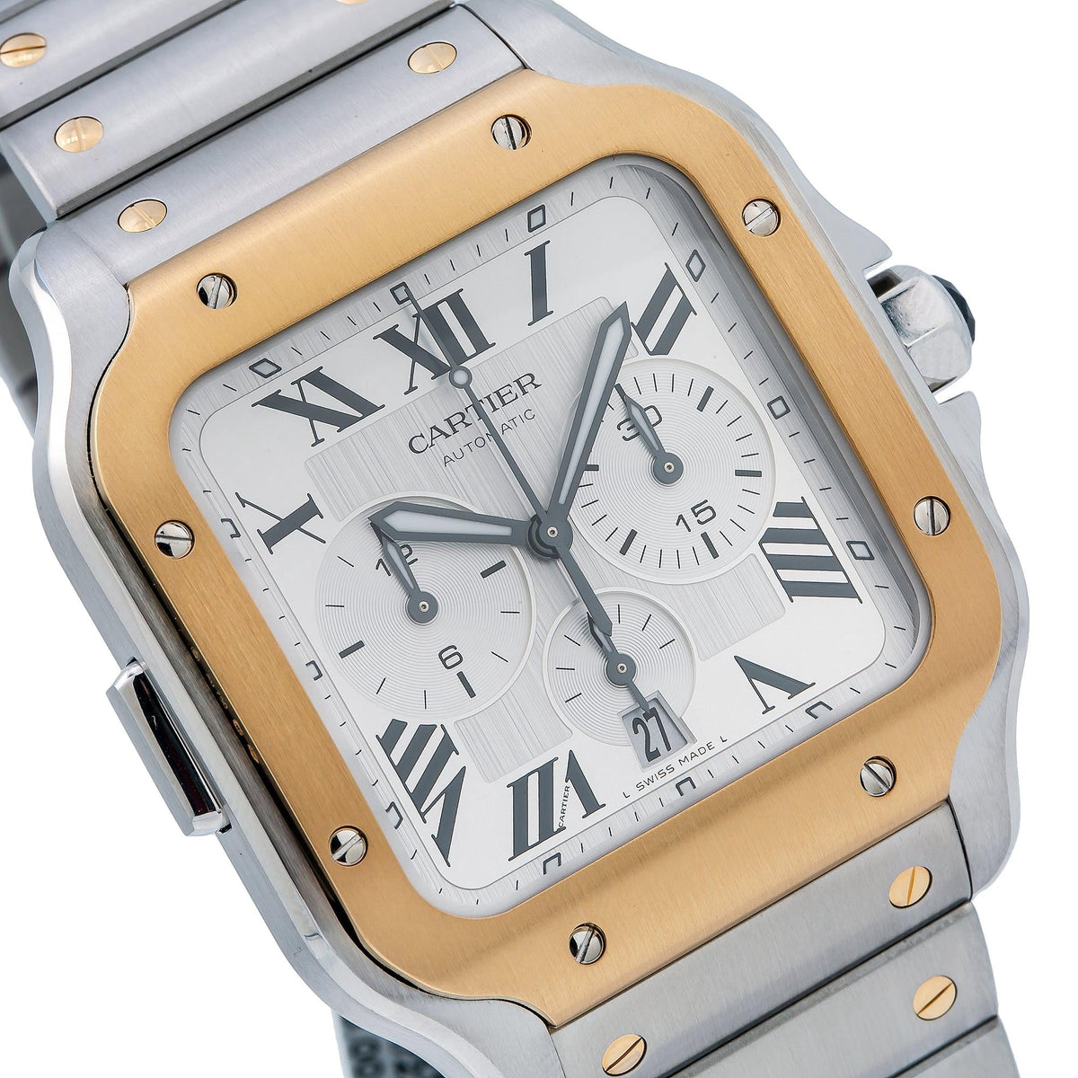 Pre-Owned Cartier Santos 43MM W2SA0008 Silver Roman Dial Yellow Gold Bezel Two Tone Yellow Gold Bracelet