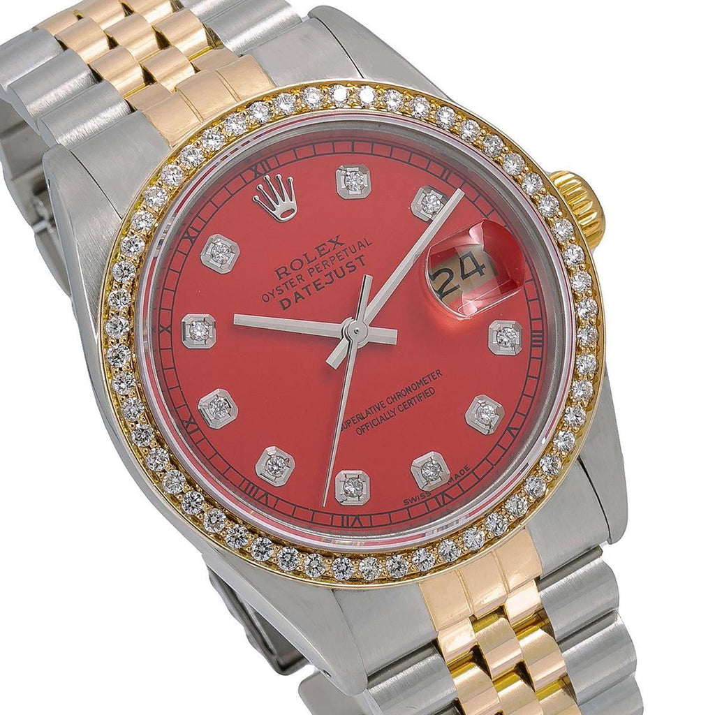 Pre-Owned Rolex Datejust 36MM 16013 Red Diamond Dial Diamond Bezel Two Tone Yellow Gold Jubilee Bracelet 1.2ct