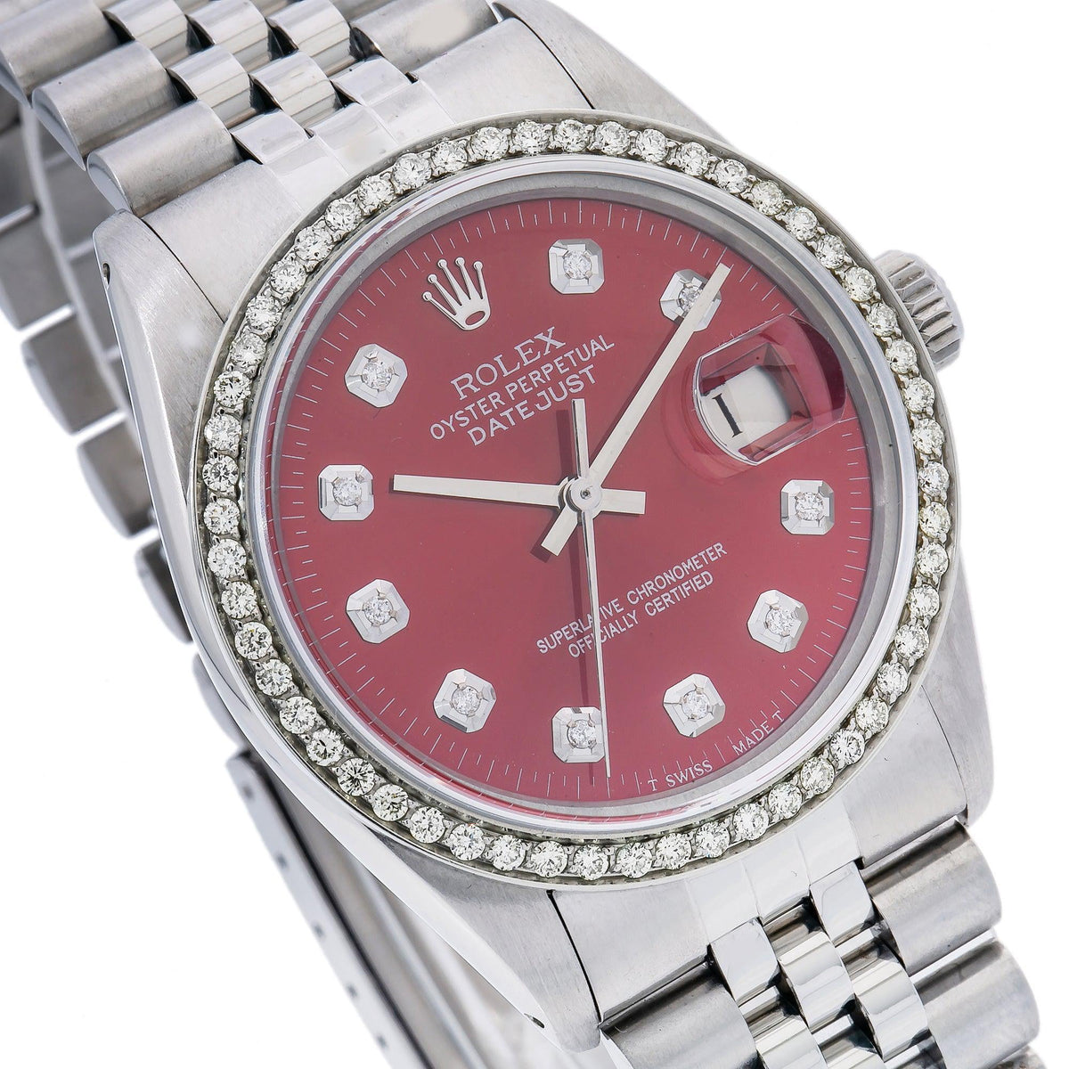 Pre-Owned Rolex Datejust 36MM 16014 Red Diamond Dial Diamond Bezel Stainless Steel Jubilee Bracelet 1.2ct