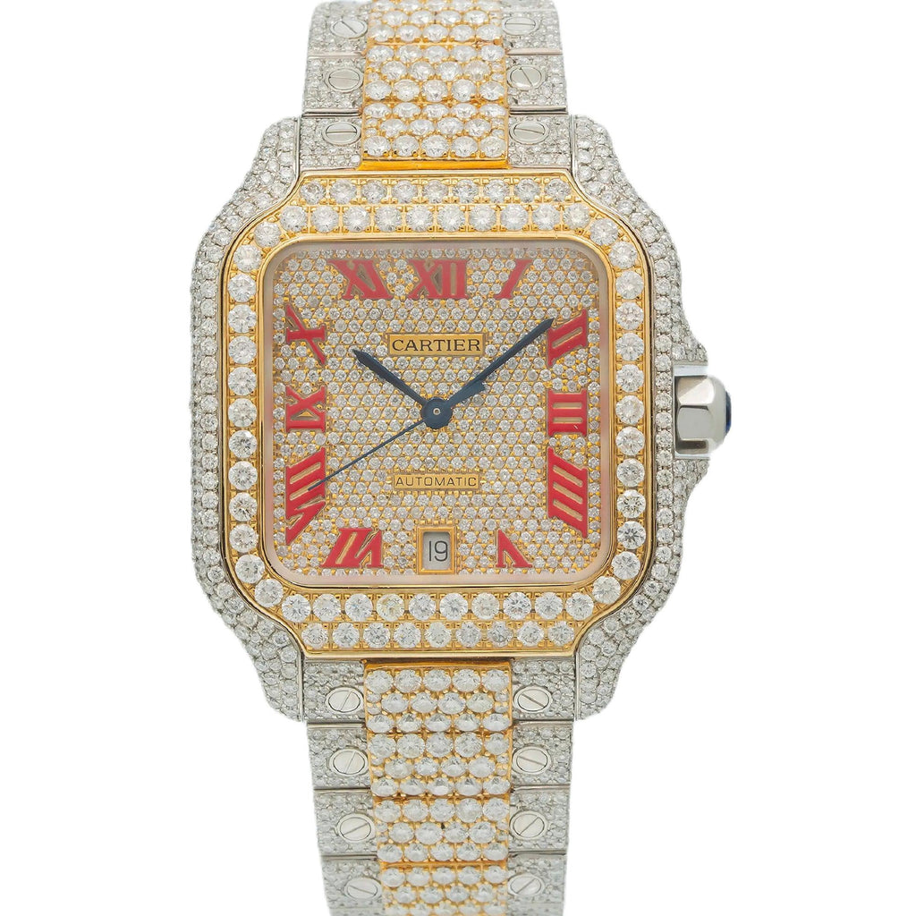 Pre-Owned Cartier Santos 39.8MM WSSA0018 Diamond Paved Champagne Roman Dial Yellow Gold Diamond Bezel Two Tone Yellow Gold Full Diamond Bracelet 18.75ct
