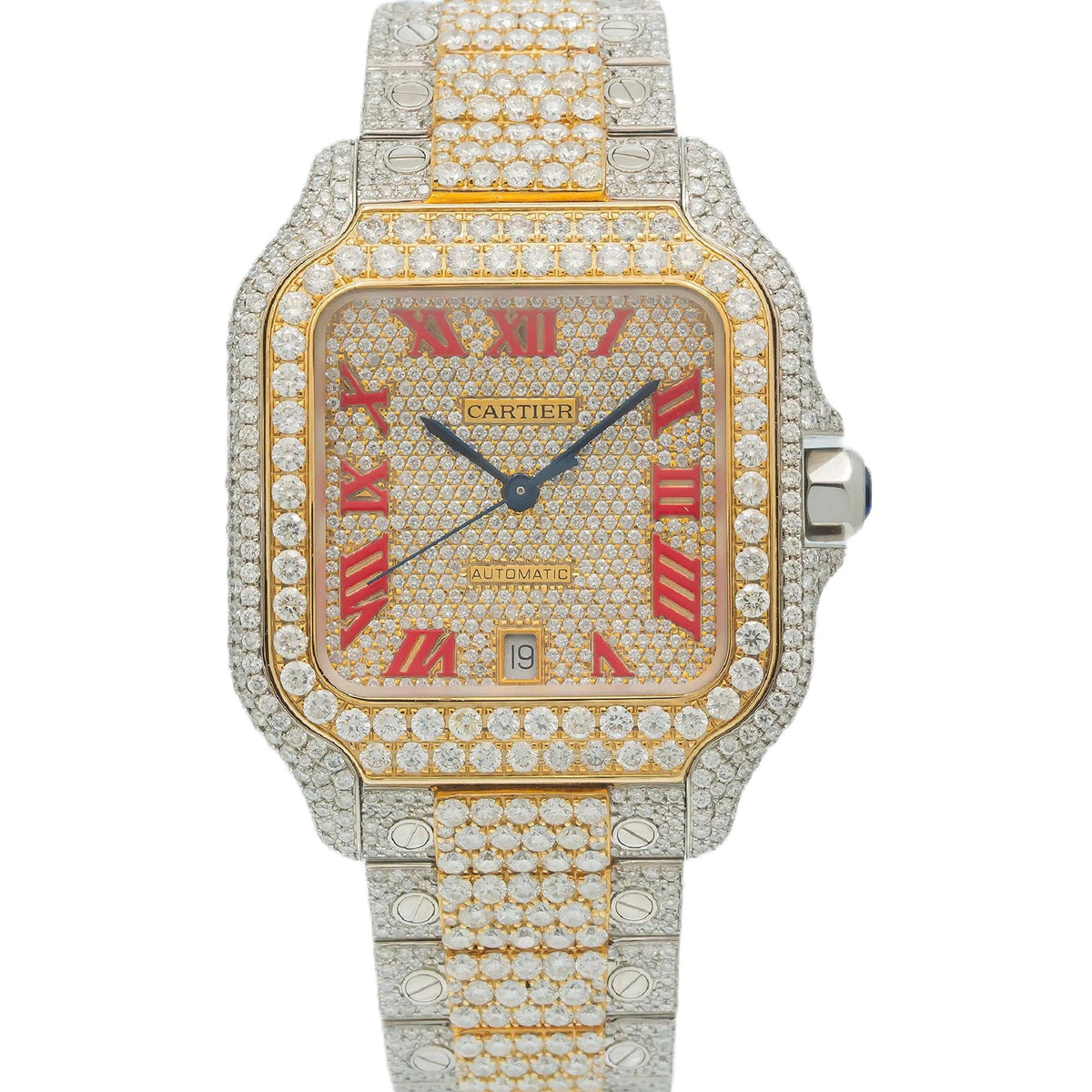 Pre-Owned Cartier Santos 39.8MM WSSA0018 Diamond Paved Champagne Roman Dial Yellow Gold Diamond Bezel Two Tone Yellow Gold Full Diamond Bracelet 18.75ct