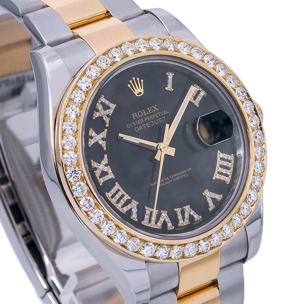 Pre-Owned Rolex Datejust II 41MM 116333 Black Roman Diamond Dial Diamond Bezel Two Tone Yellow Gold Oyster Bracelet 2.4ct