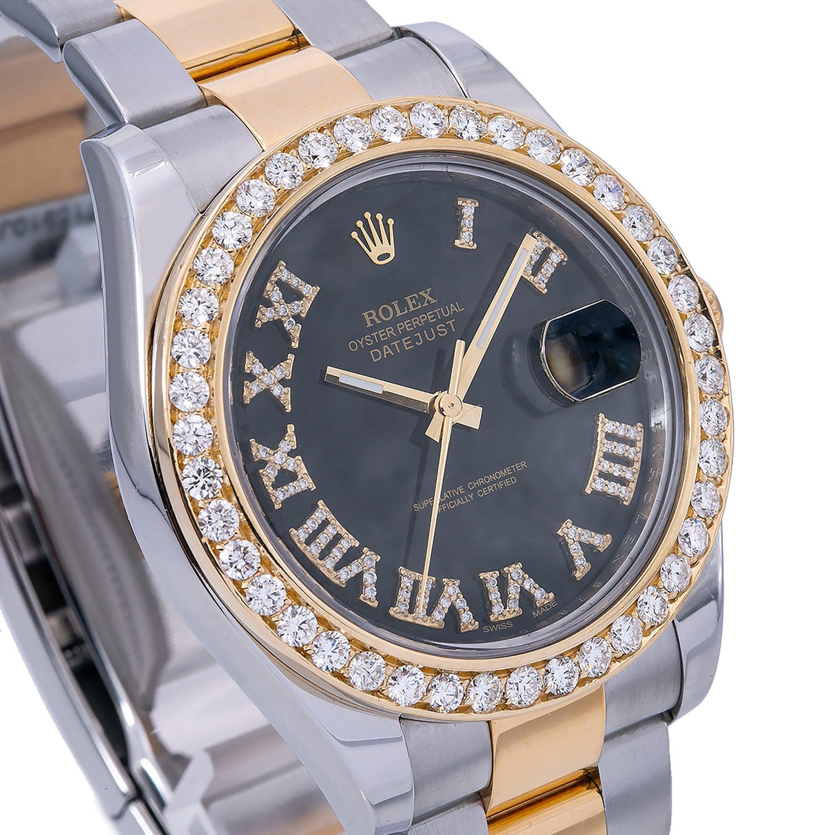 Pre-Owned Rolex Datejust II 41MM 116333 Black Roman Diamond Dial Diamond Bezel Two Tone Yellow Gold Oyster Bracelet 2.4ct