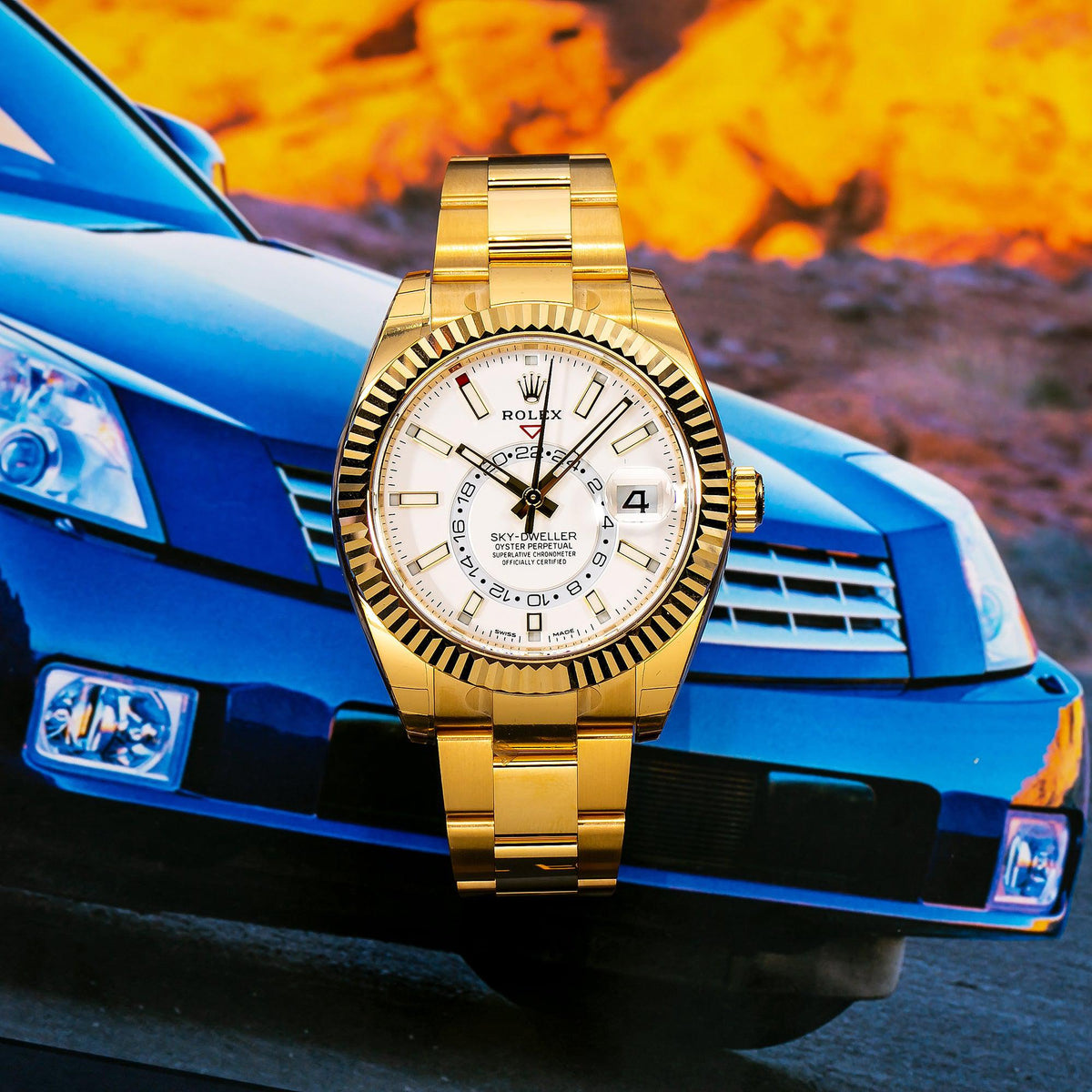Pre-Owned Rolex Sky-Dweller 42MM 326938 White Dial Fluted Bezel 18K Yellow Gold Oyster Bracelet