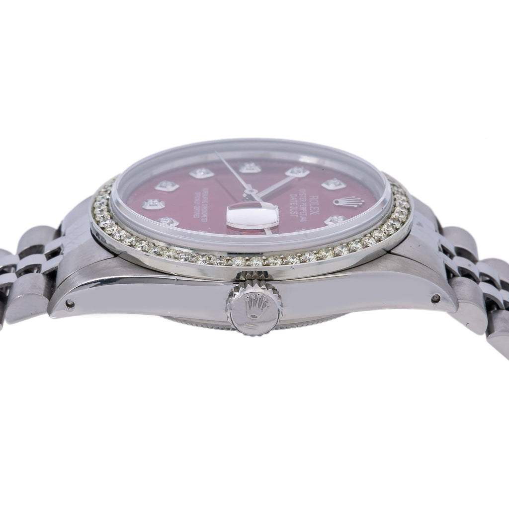 Pre-Owned Rolex Datejust 36MM 16014 Red Diamond Dial Diamond Bezel Stainless Steel Jubilee Bracelet 1.2ct