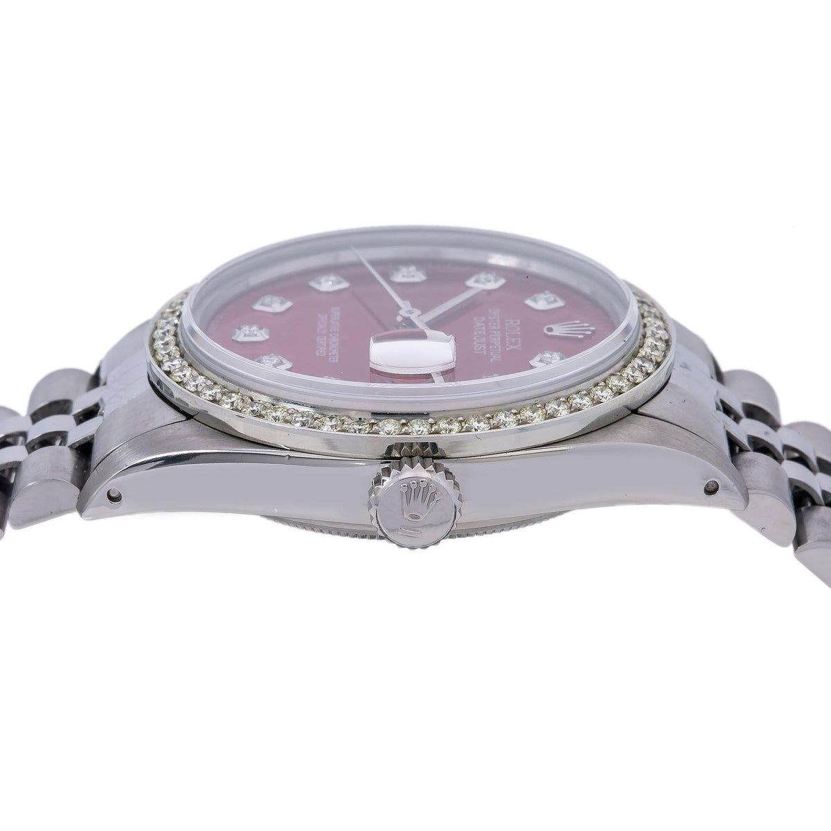 Pre-Owned Rolex Datejust 36MM 16014 Red Diamond Dial Diamond Bezel Stainless Steel Jubilee Bracelet 1.2ct
