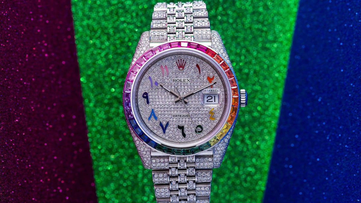 Pre-Owned Rolex Datejust 41MM 126300 Diamond Paved Rainbow Eastern Arabic Dial Rainbow Gemstone Bezel Stainless Steel Full Diamond Jubilee Bracelet 14.75ct