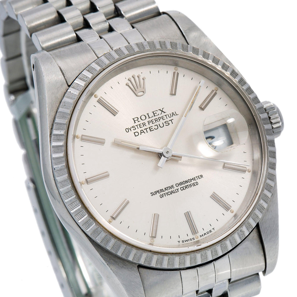 Pre-Owned Rolex Datejust 36MM 1603 Silver Dial Engine Turned Bezel Stainless Steel Jubilee Bracelet