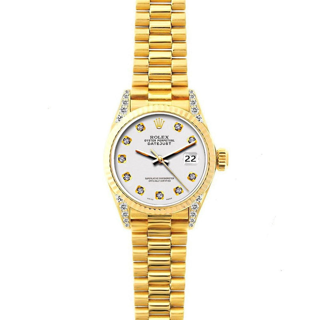 Pre-Owned Rolex Datejust 26MM 69178 White Diamond Dial Fluted Bezel 18K Yellow Gold President Bracelet