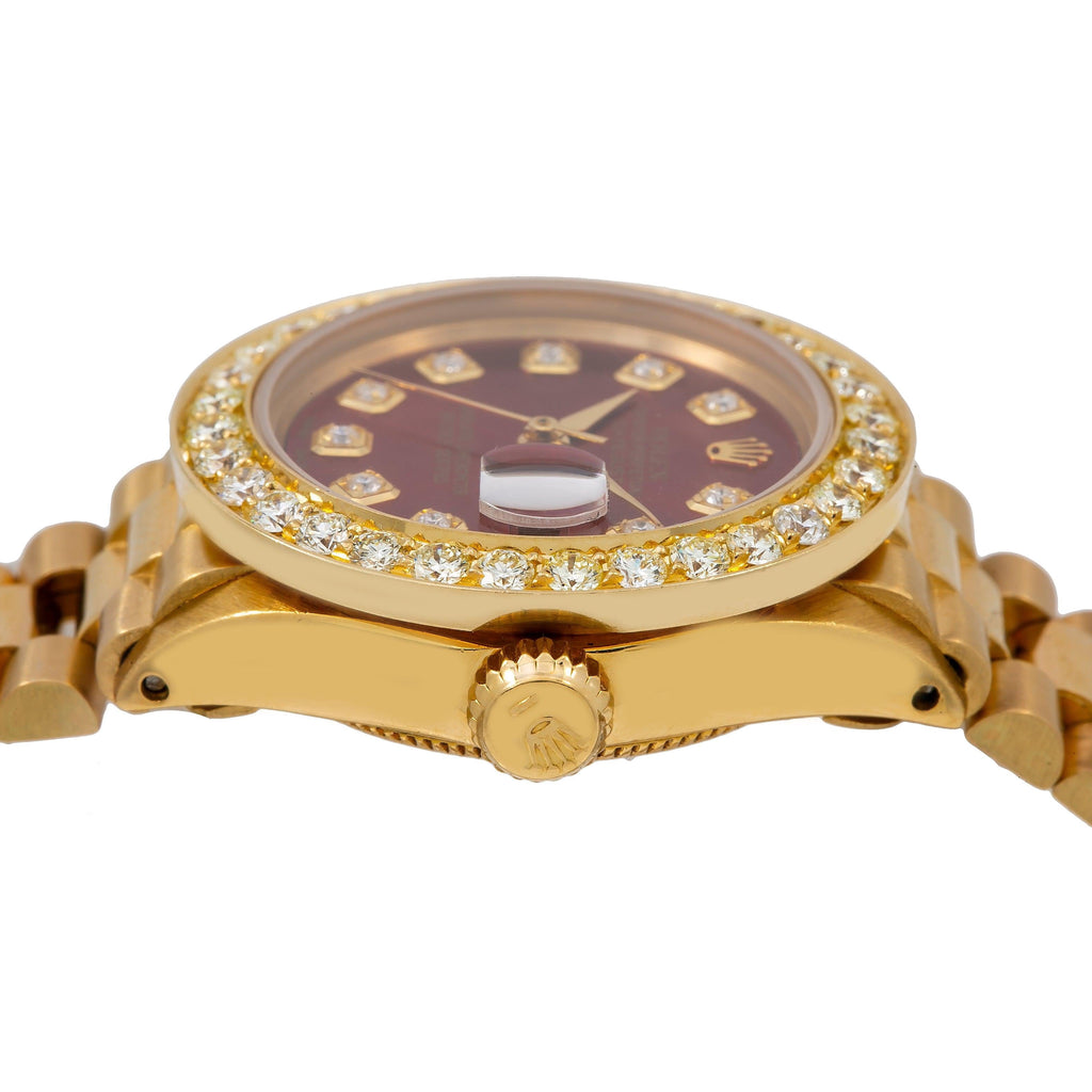 Pre-Owned Rolex Datejust 26MM 69178 Red Diamond Dial Diamond Bezel 18K Yellow Gold President Bracelet 0.95ct