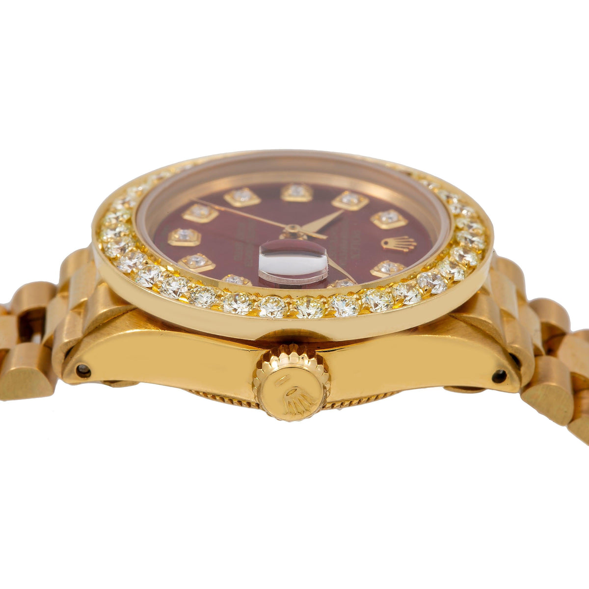Pre-Owned Rolex Datejust 26MM 69178 Red Diamond Dial Diamond Bezel 18K Yellow Gold President Bracelet 0.95ct