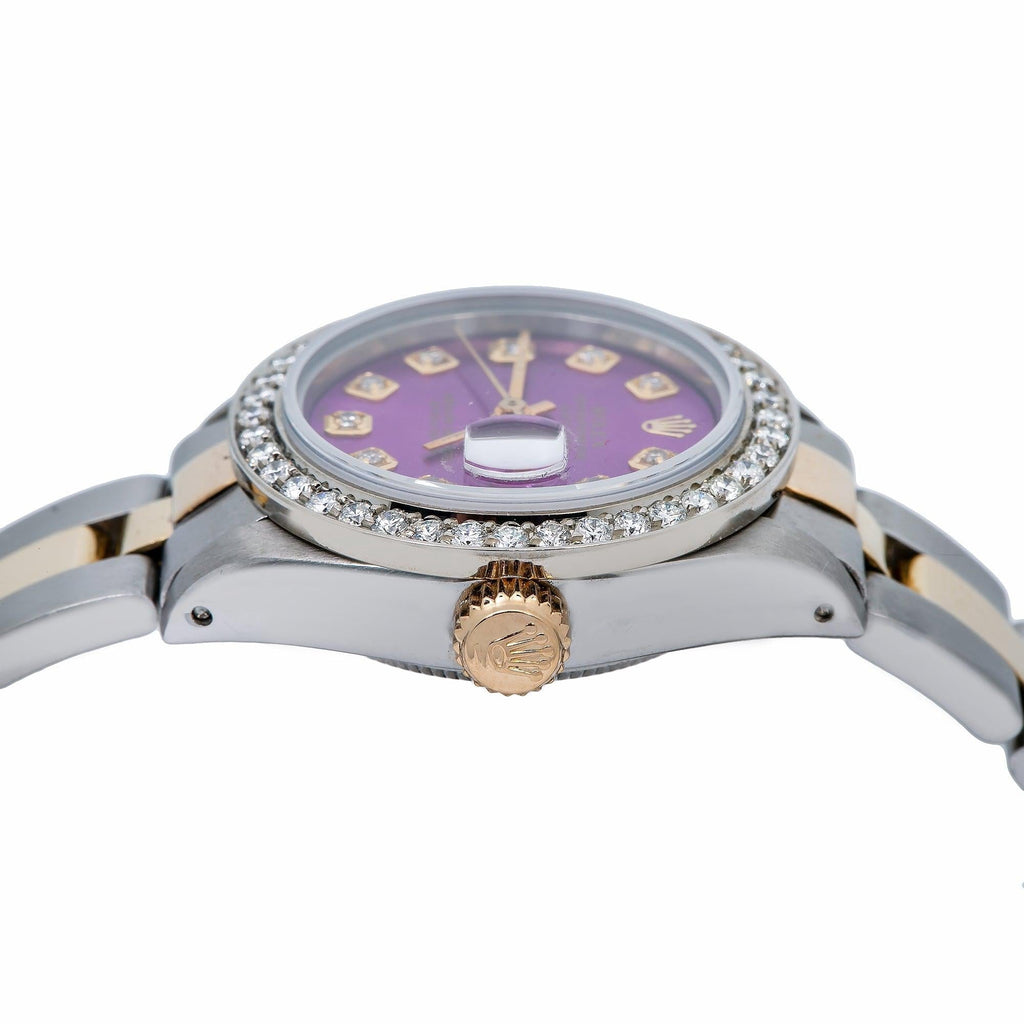 Pre-Owned Rolex Datejust 26MM 69173 Purple Diamond Dial Diamond Bezel Two Tone Yellow Gold Oyster Bracelet 0.9ct