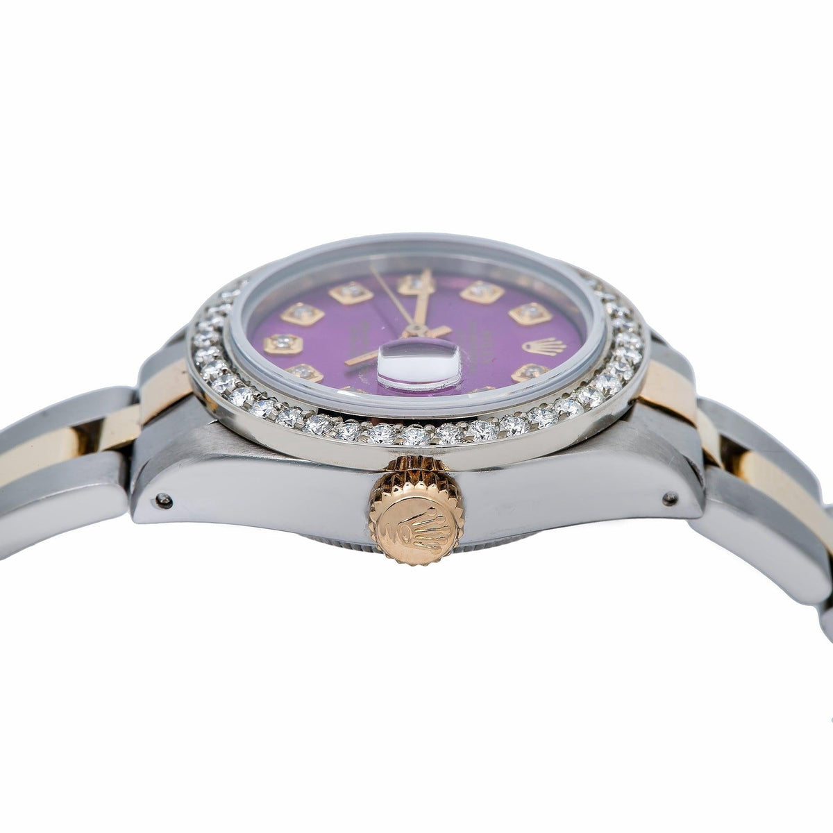 Pre-Owned Rolex Datejust 26MM 69173 Purple Diamond Dial Diamond Bezel Two Tone Yellow Gold Oyster Bracelet 0.9ct