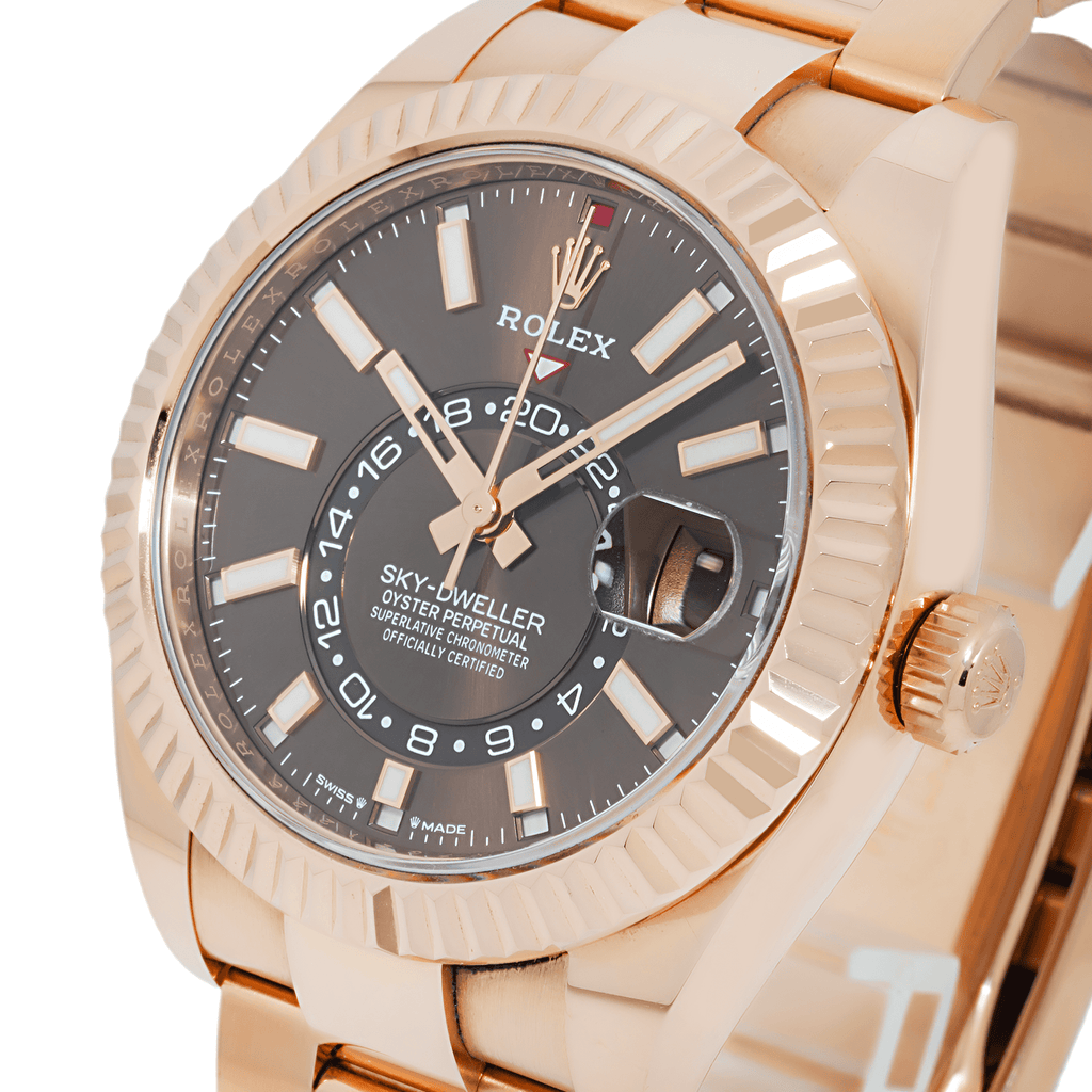 Pre-Owned Rolex Sky-Dweller 42MM 326935 Chocolate Dial Fluted Bezel 18K Rose Gold Oyster Bracelet