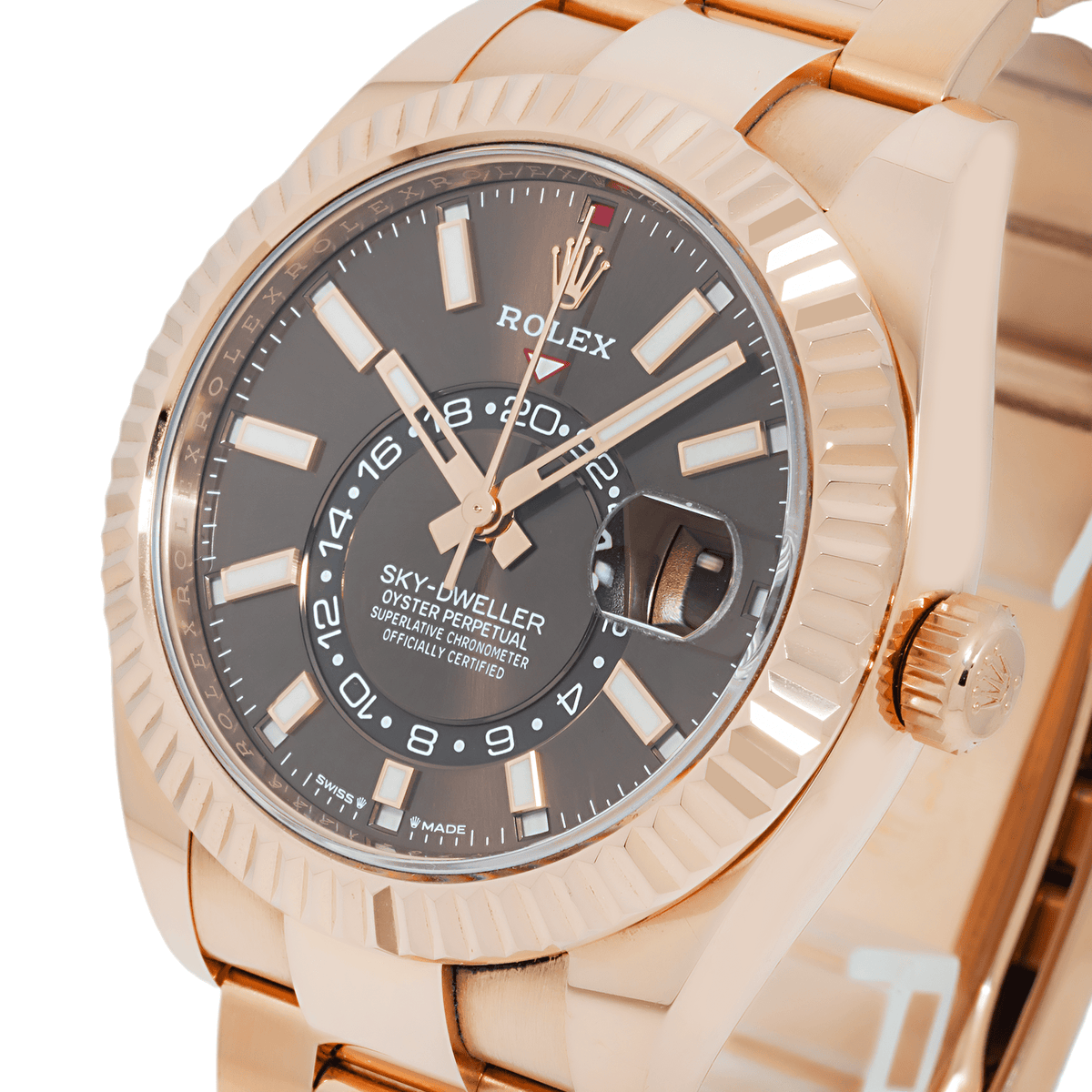 Pre-Owned Rolex Sky-Dweller 42MM 326935 Chocolate Dial Fluted Bezel 18K Rose Gold Oyster Bracelet