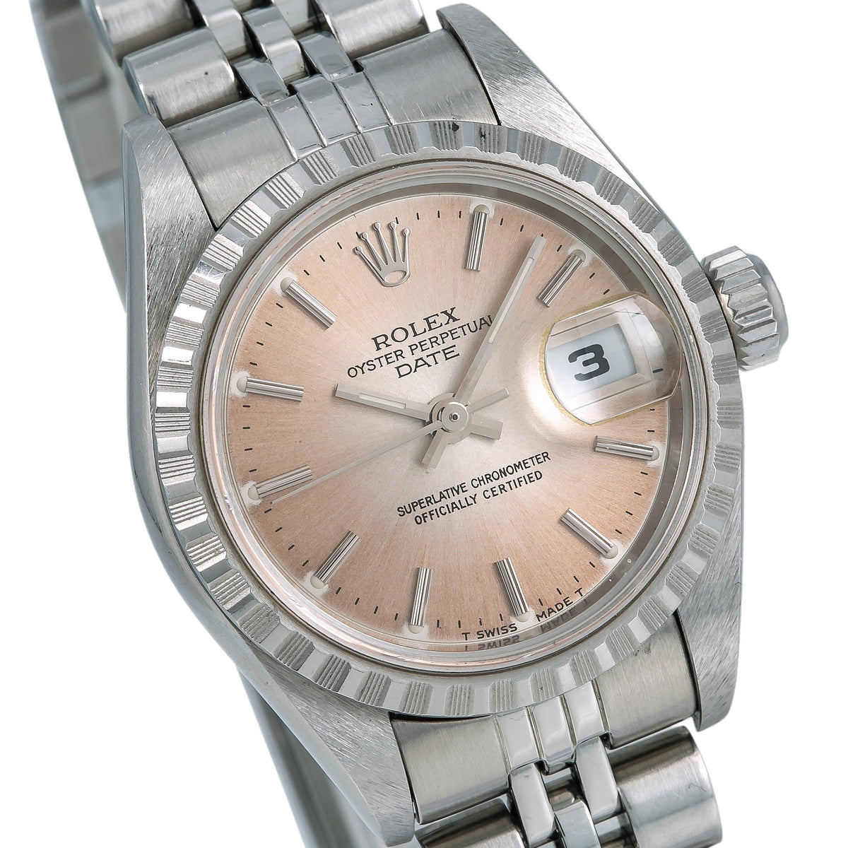 Pre-Owned Rolex Date 26MM 6924 Brown Dial Engine Turned Bezel Stainless Steel Jubilee Bracelet