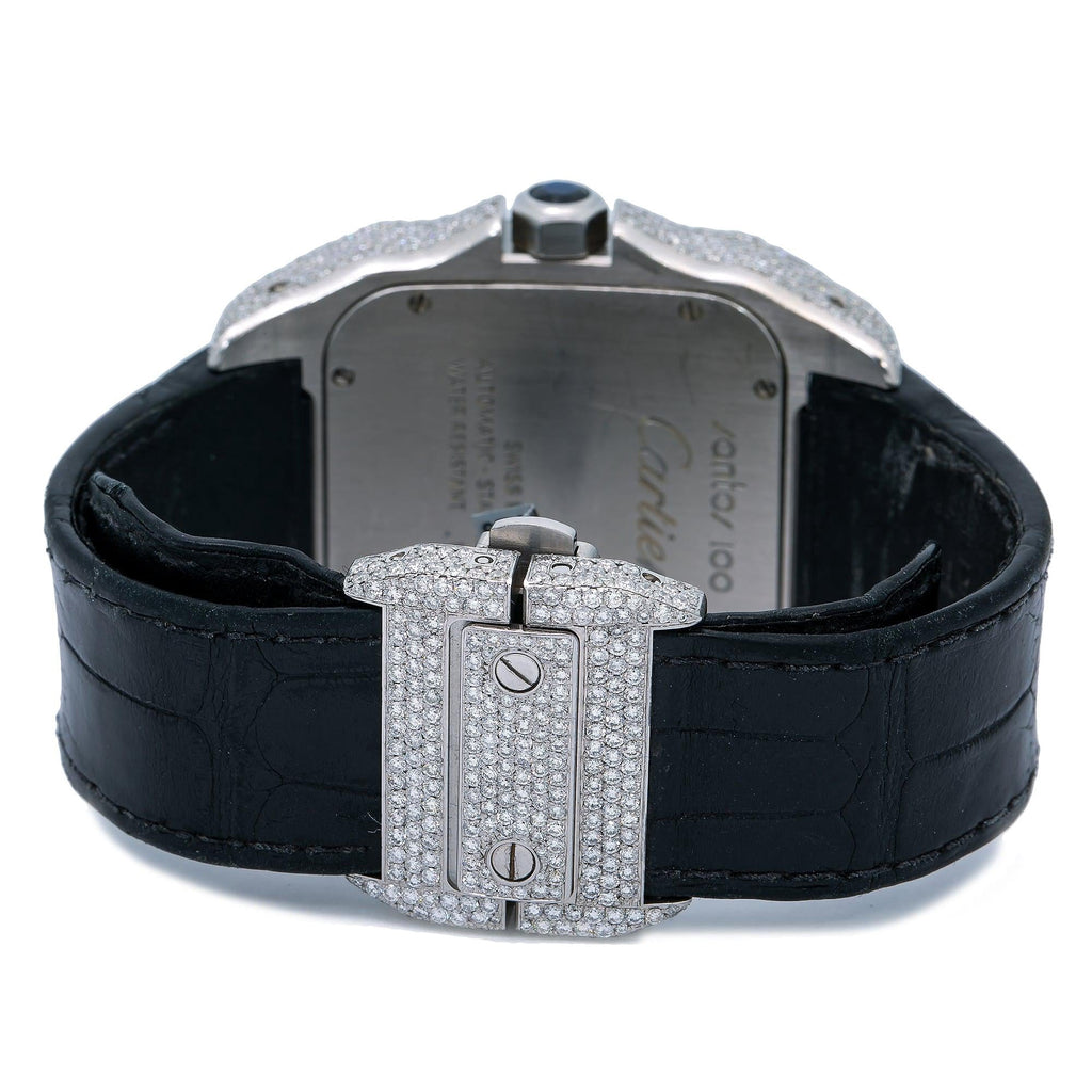 Pre-Owned Cartier Santos 100 38MM W20073X8 Silver Roman Dial Rose Gold Diamond Paved Bezel Black Leather Strap 9.25ct