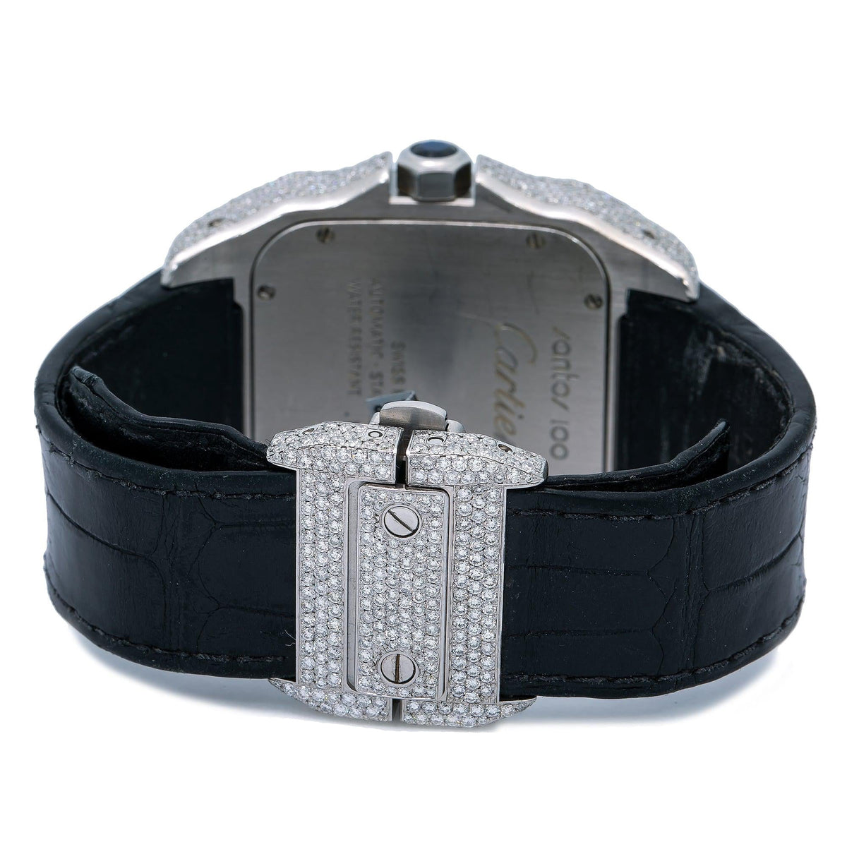 Pre-Owned Cartier Santos 100 38MM W20073X8 Silver Roman Dial Rose Gold Diamond Paved Bezel Black Leather Strap 9.25ct