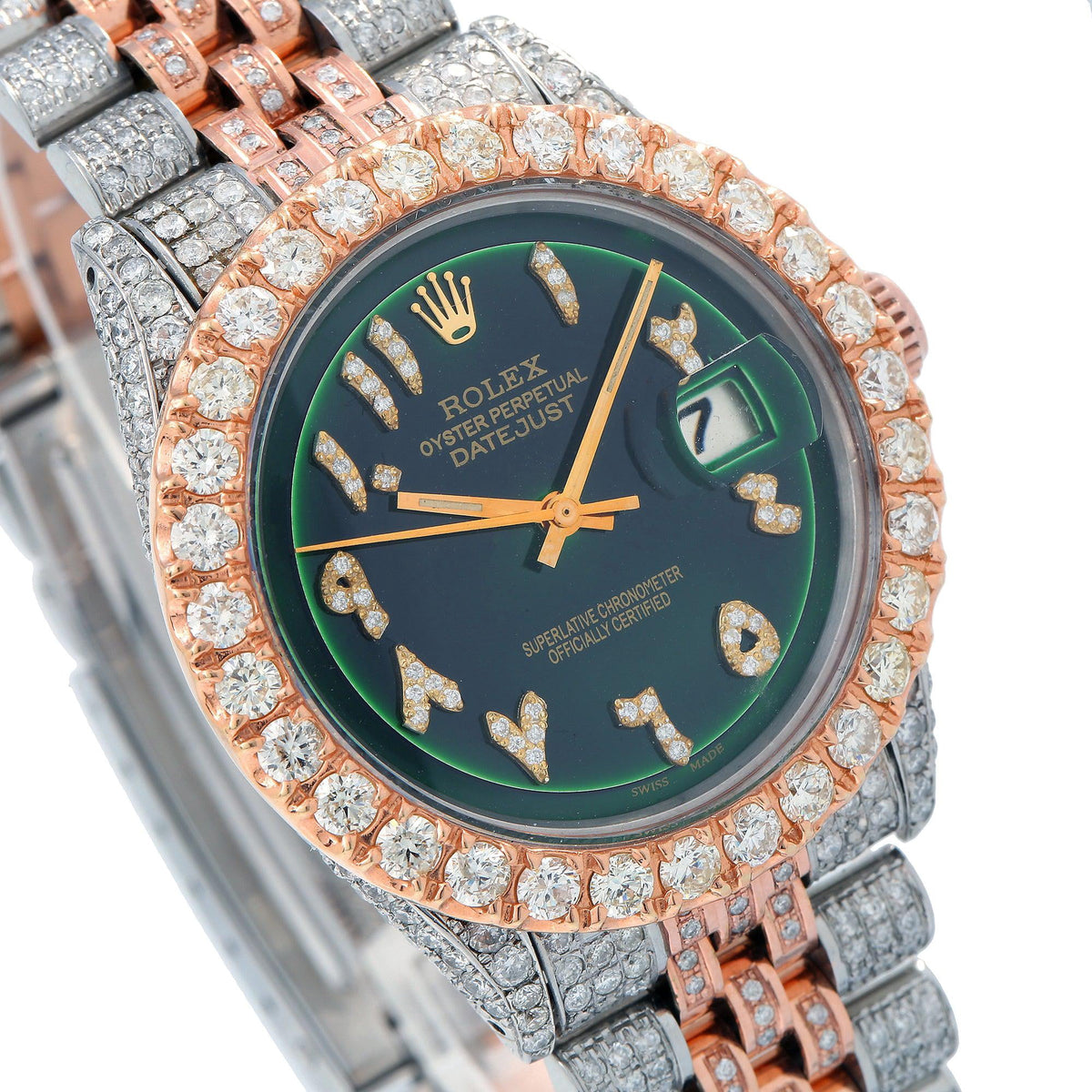 Pre-Owned Rolex Datejust 36MM 1601 Green Eastern Arabic Diamond Dial Diamond Bezel Two Tone Rose Gold Full Diamond Jubilee Bracelet