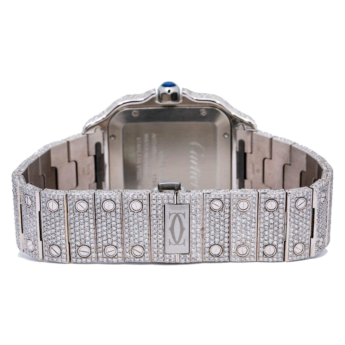 Pre-Owned Cartier Santos 39.8MM WSSA0030 Blue Roman Dial Rose Gold Diamond Bezel Stainless Steel Full Diamond Bracelet 17.95ct