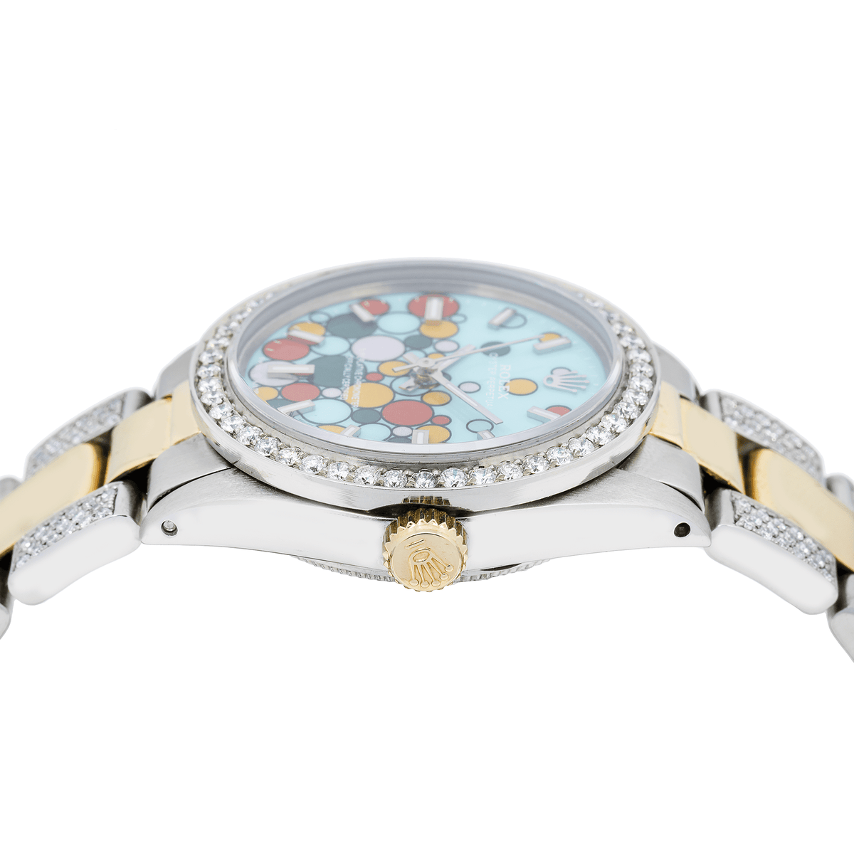Pre-Owned Rolex Oyster Perpetual 31MM 6748 Turquoise Celebration Dial Diamond Bezel Two Tone Yellow Gold Semi Diamond Oyster Bracelet